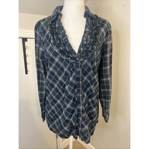 Joie Women's Long Sleeve Plaid‎ Greens And White Ruffle Blouse, Size L